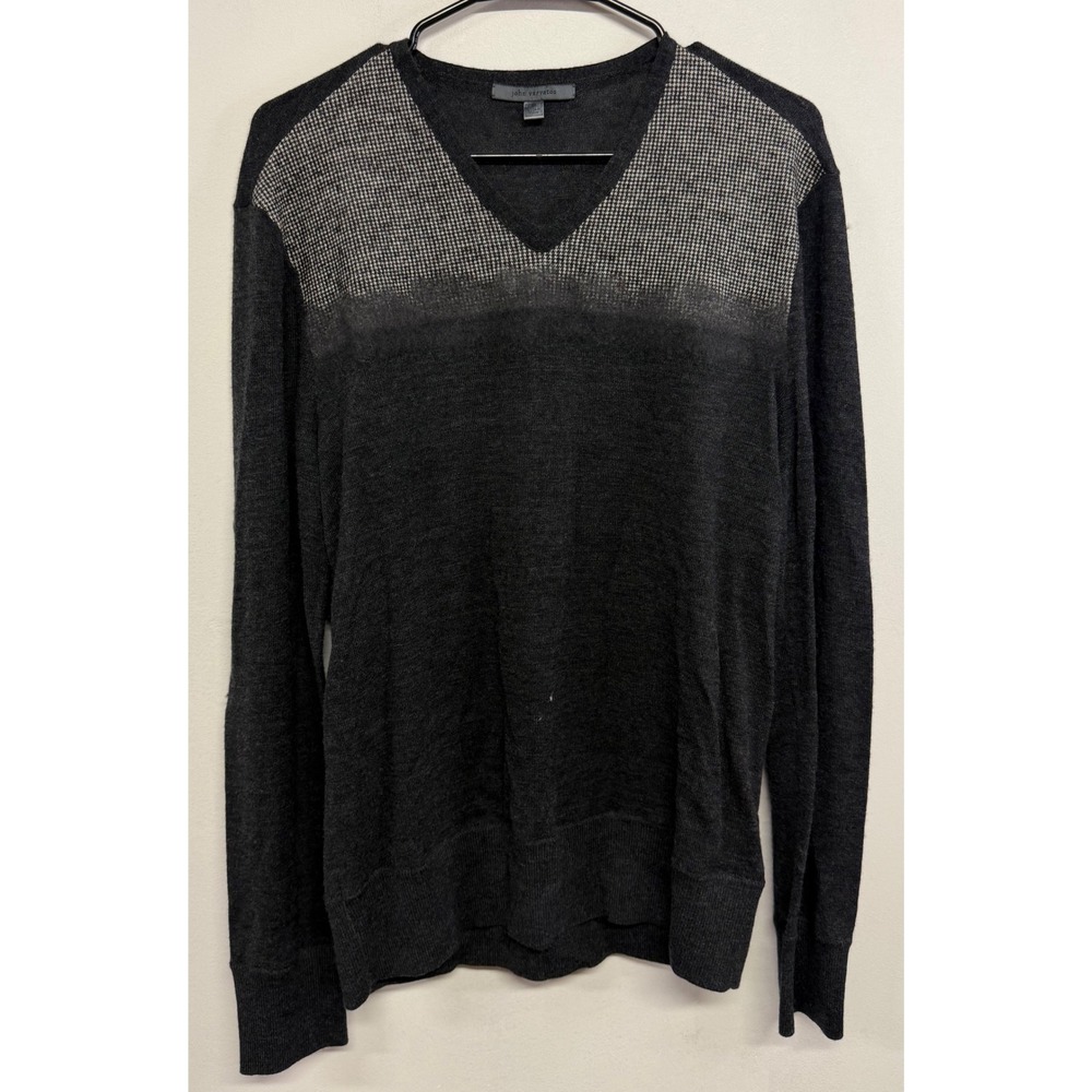 John Varvatos Men Gray Merino Wool V-Neck Houndstooth Panel Sweater Size M